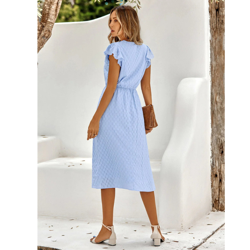 Women's Textured Midi Dress with Flutter Sleeves and V-Neck for Summer Wear