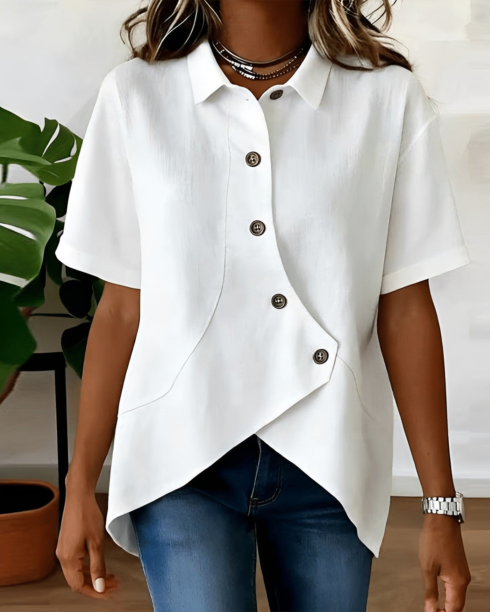 Women's Asymmetrical Button Front Collared Casual Blouse