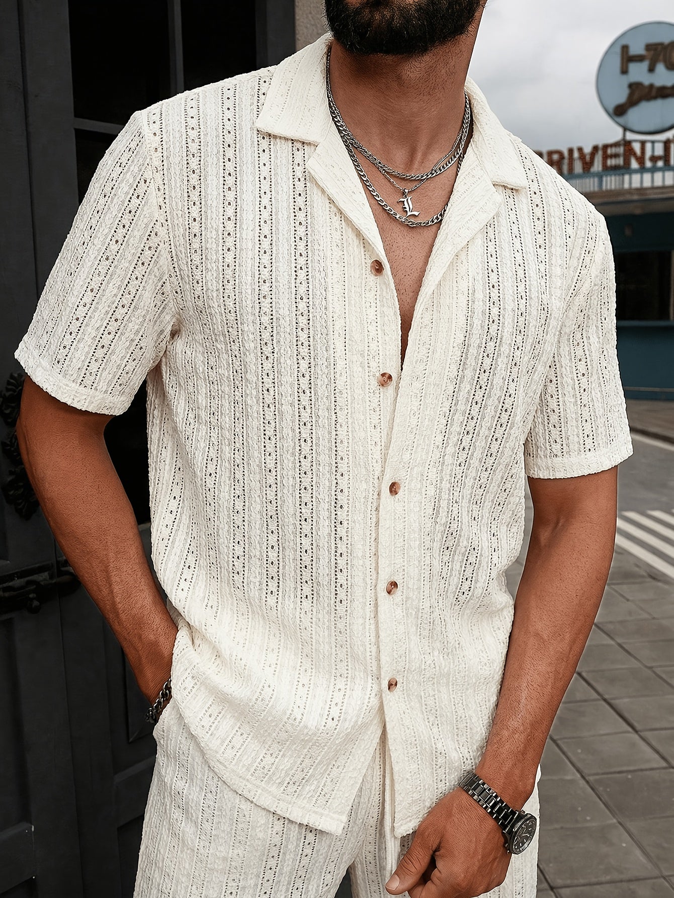 Men's Textured Open Knit Button-Up Resort Shirt