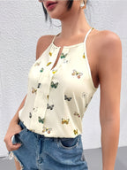 Women's Butterfly Print Sleeveless Keyhole Neck Blouse
