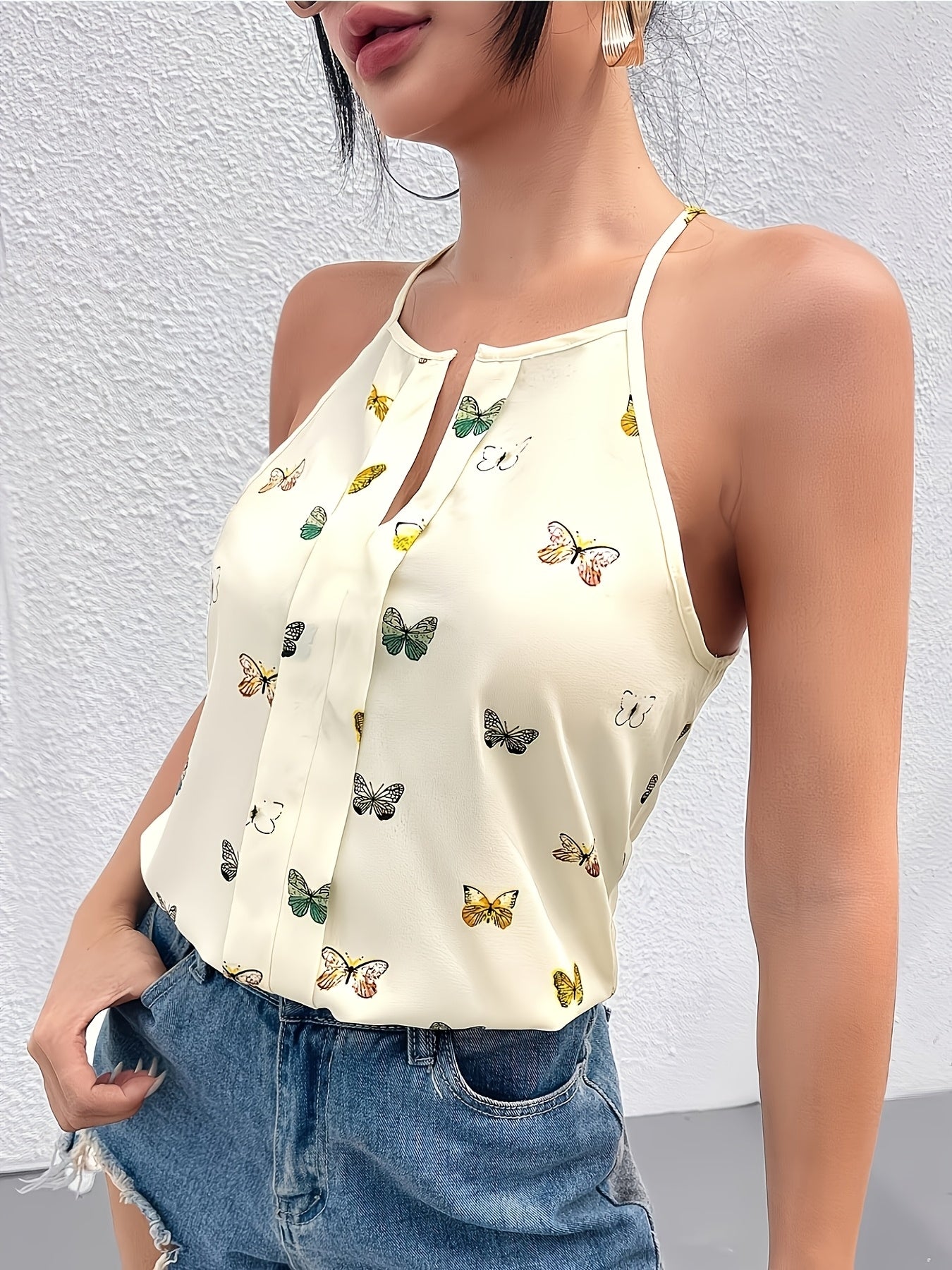 Women's Butterfly Print Sleeveless Keyhole Neck Blouse