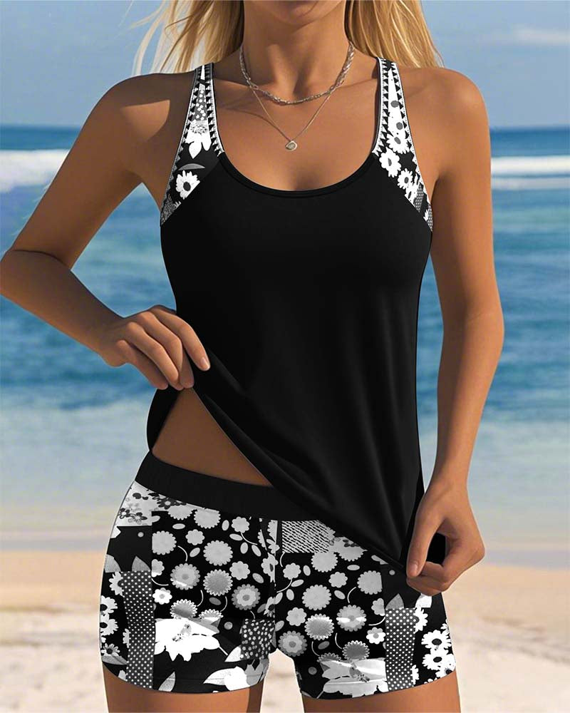 Women's Two-Piece Tankini Swim Set with Floral Print and Swim Shorts