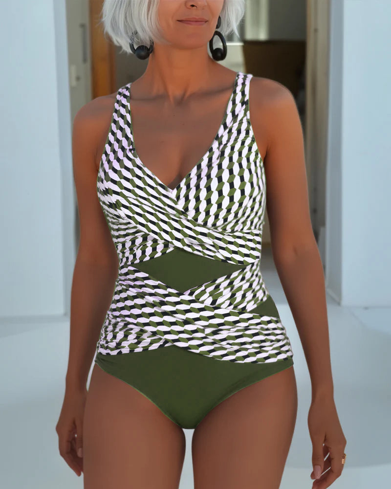 Women's Geometric One-Piece Swimsuit with Crossover Waist Detail