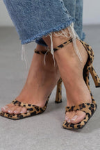 Women's Animal Print Heeled Sandals with Ankle Strap for Evening Wear