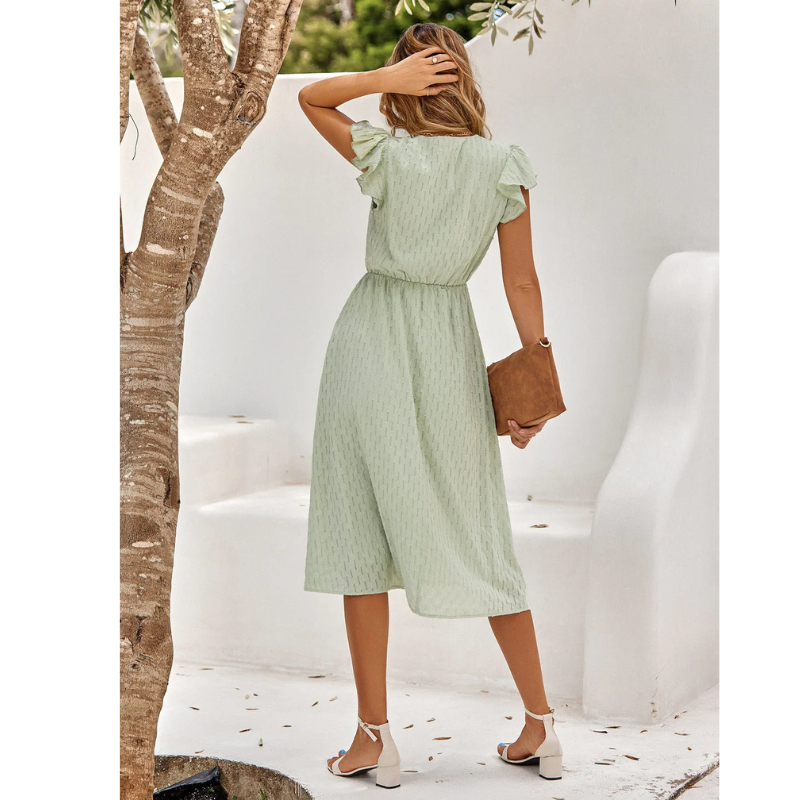 Women's Textured Midi Dress with Flutter Sleeves and V-Neck for Summer Wear