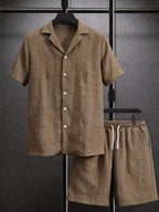 Men's Textured Button-Up Shirt and Drawstring Shorts Set