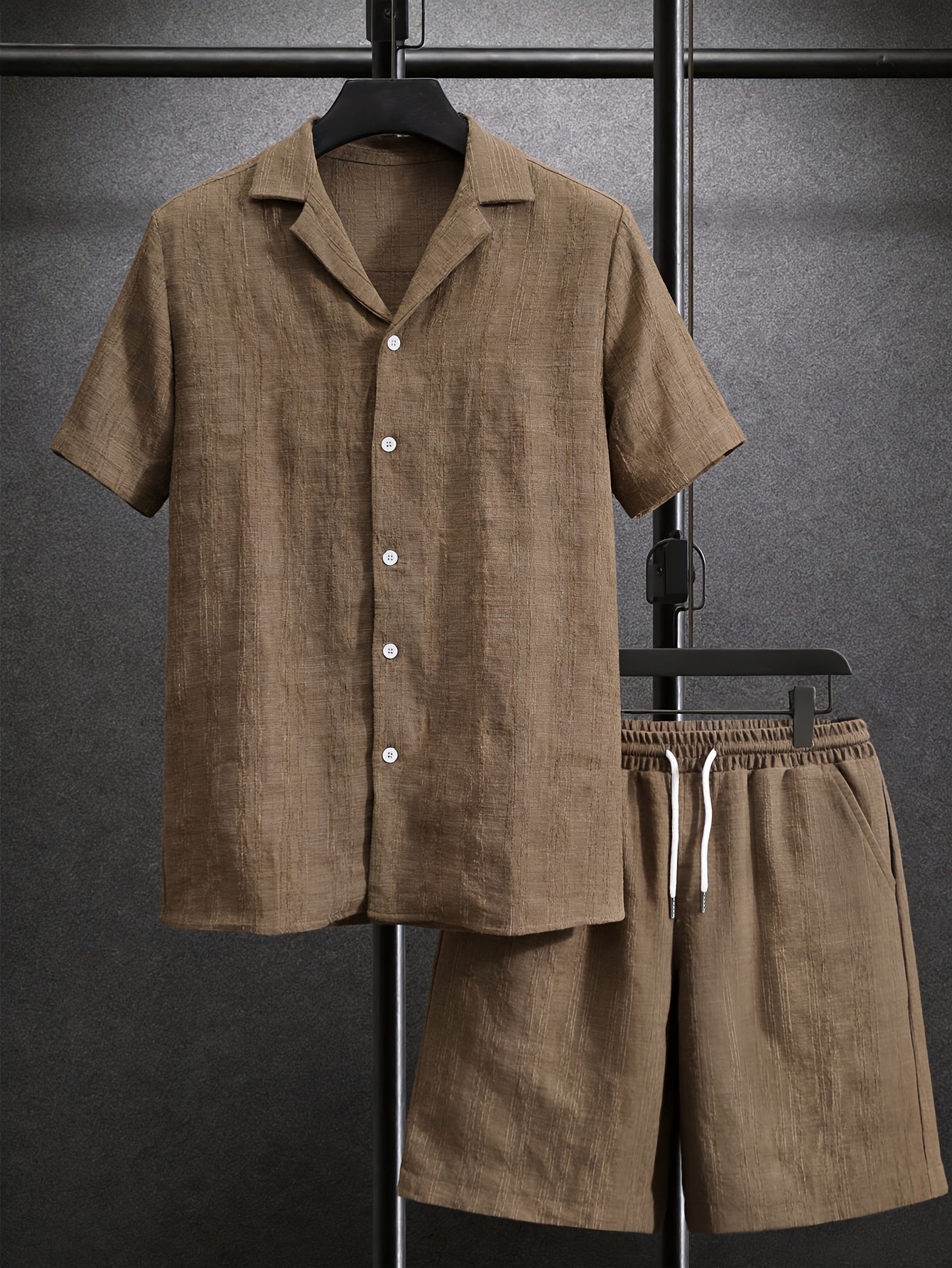 Men's Textured Button-Up Shirt and Drawstring Shorts Set
