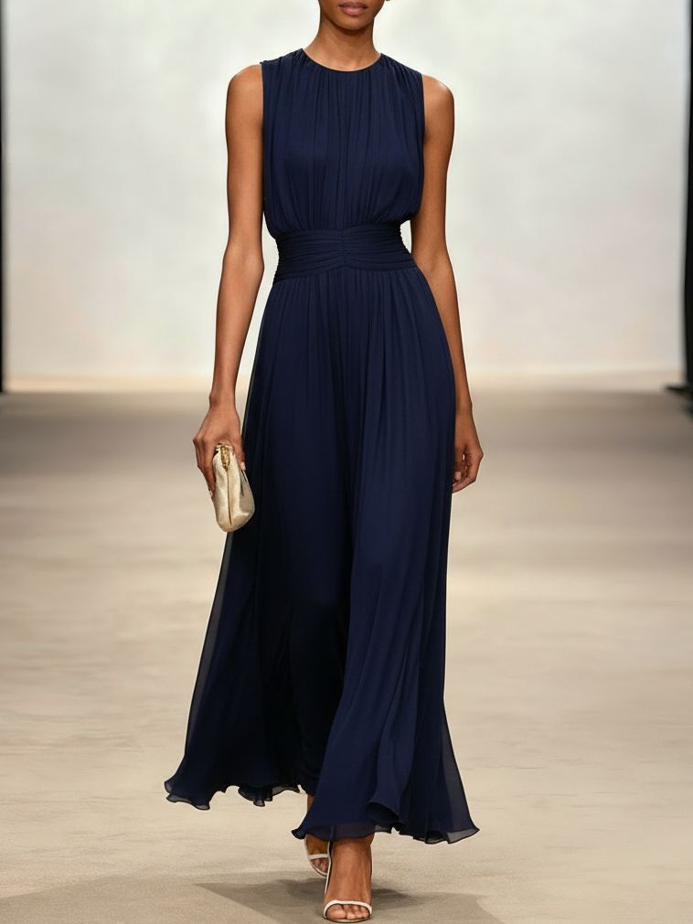 Ärmelloses Chiffon-Maxikleid für Damen mit geraffter Taille und fließendem Saum
