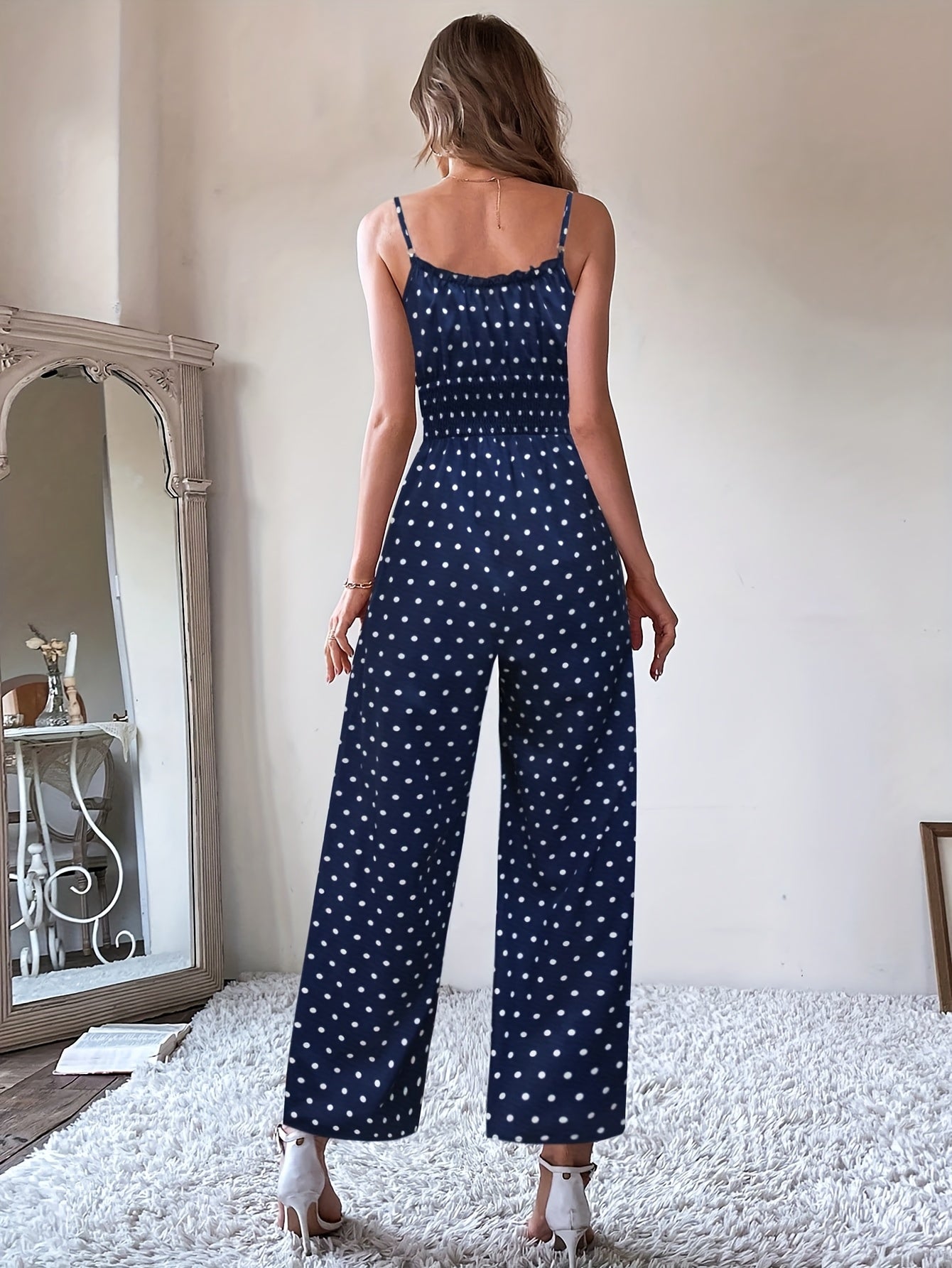 Women's Polka Dot Smocked Waist Wide Leg Jumpsuit