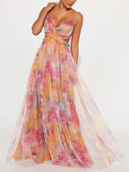 Damen elegantes Tüll-Maxikleid mit Aquarell-Blumenmuster und fließender Passform