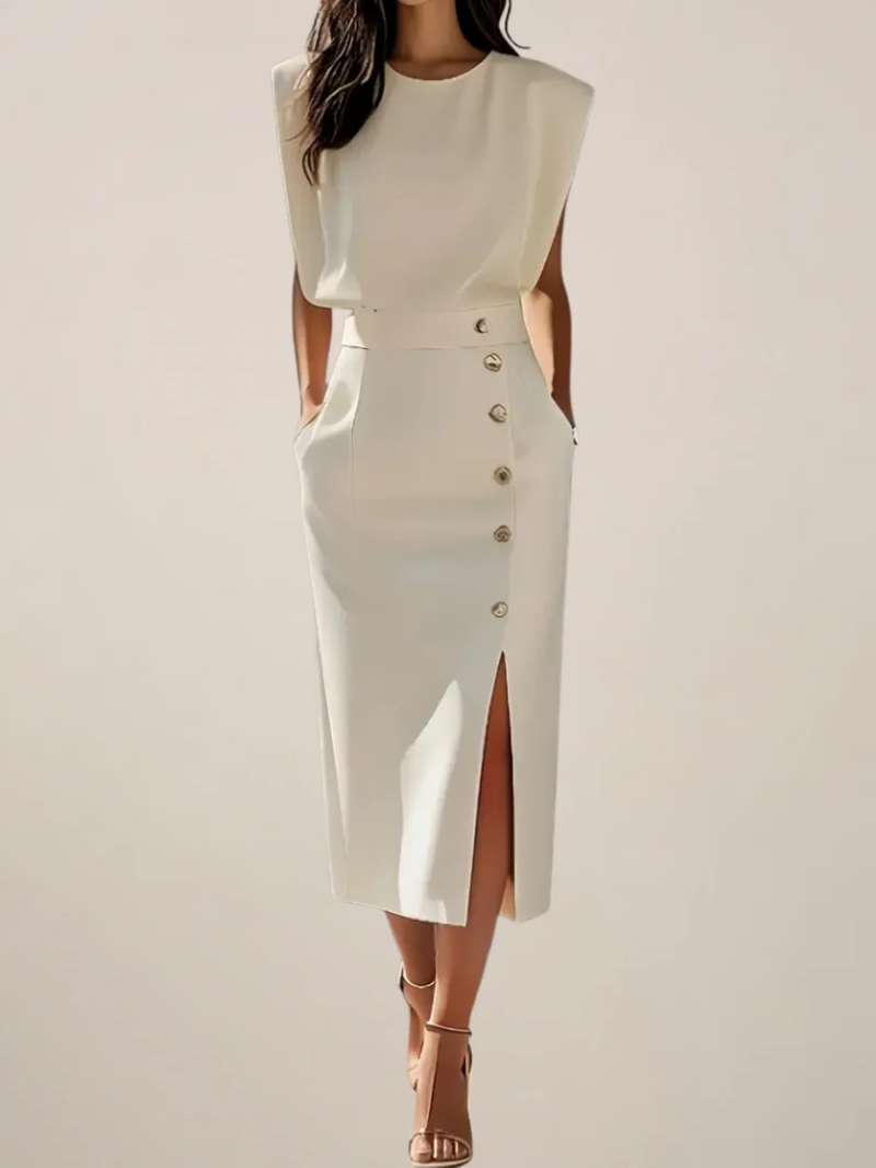Women's Elegant Button Detail Midi Dress