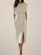 Women's Elegant Button Detail Midi Dress