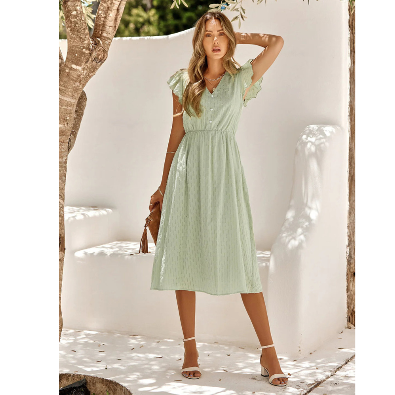 Women's Textured Midi Dress with Flutter Sleeves and V-Neck for Summer Wear