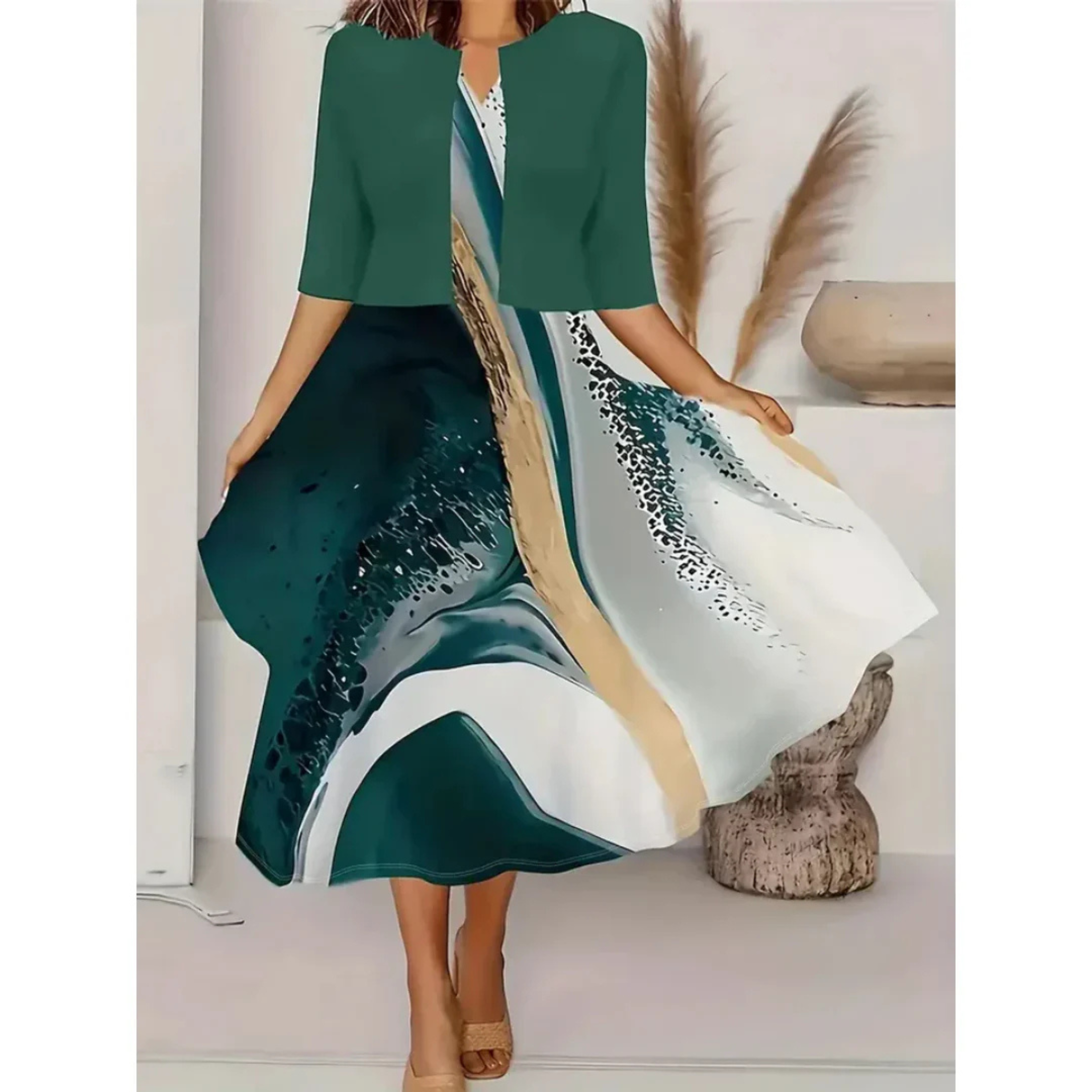 Women's Midi Dress with Floral Patchwork Skirt and Structured Top Design