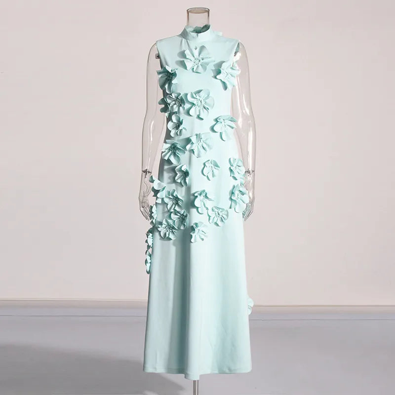 Women Maxi Dress with 3D Floral Appliqué and Elegant Flowing Silhouette