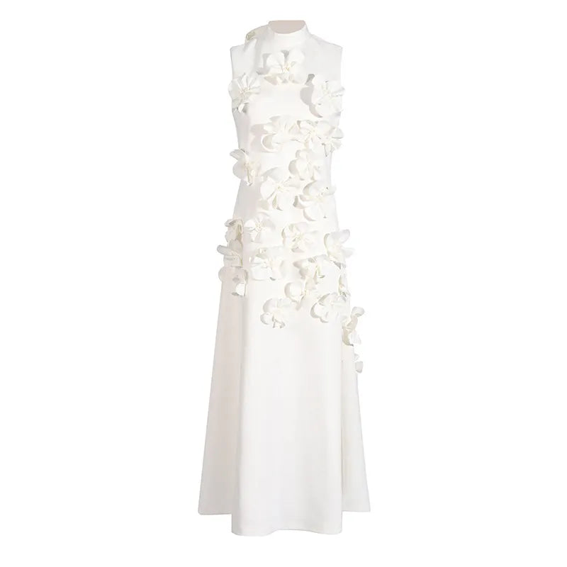 Women Maxi Dress with 3D Floral Appliqué and Elegant Flowing Silhouette