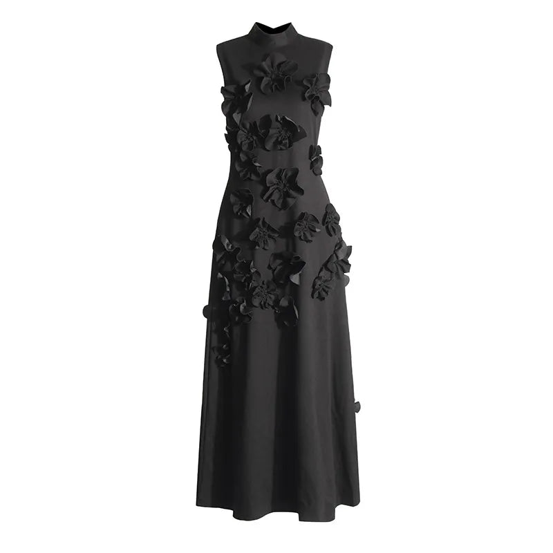 Women Maxi Dress with 3D Floral Appliqué and Elegant Flowing Silhouette