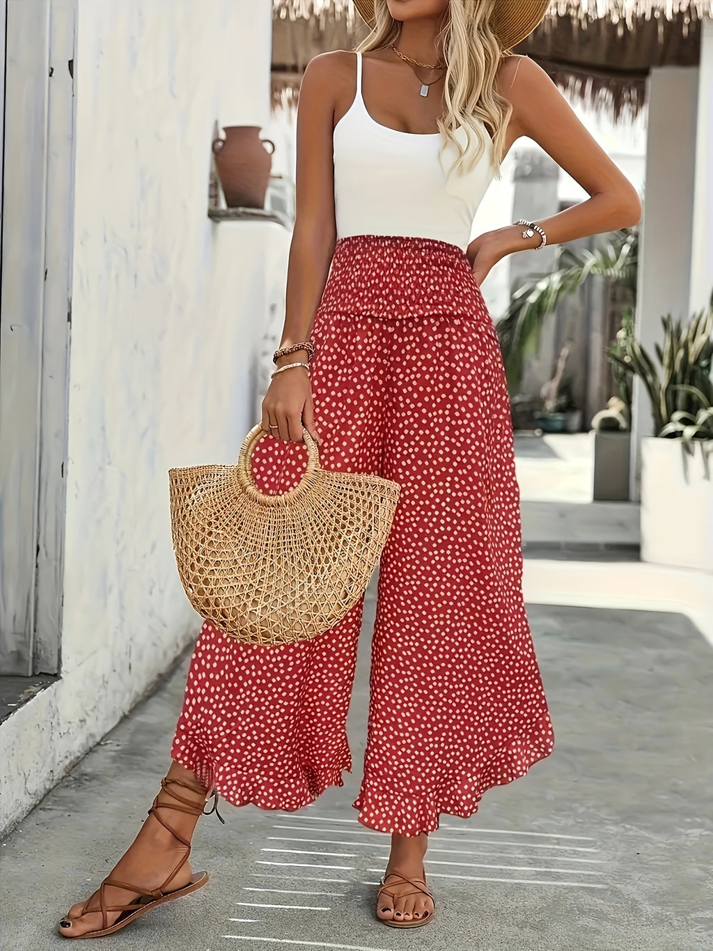 Women's Smocked Waist Wide Leg Trousers