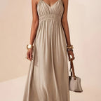 Women's Sleeveless Maxi Dress with V-Neck and Beaded Strap Details