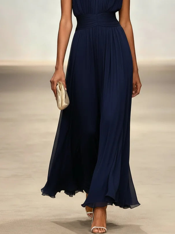 Ärmelloses Chiffon-Maxikleid für Damen mit geraffter Taille und fließendem Saum
