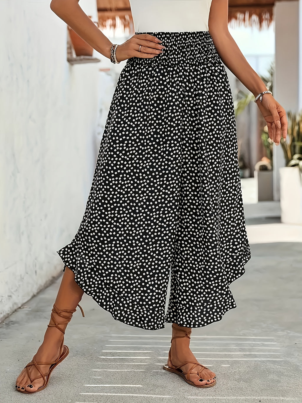 Women's Smocked Waist Wide Leg Trousers