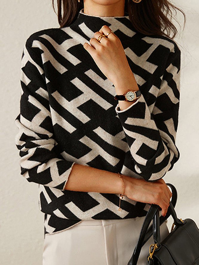 Maglione da donna in maglia geometrica con collo alto finto