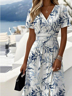 Women's Botanical Print Midi Dress with V-Neck for Effortless Elegance