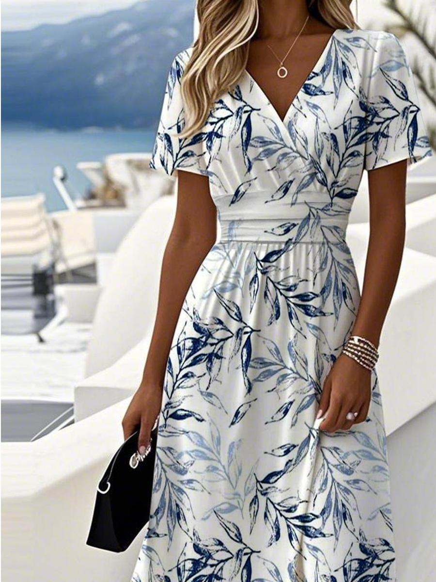 Women's Botanical Print Midi Dress with V-Neck for Effortless Elegance