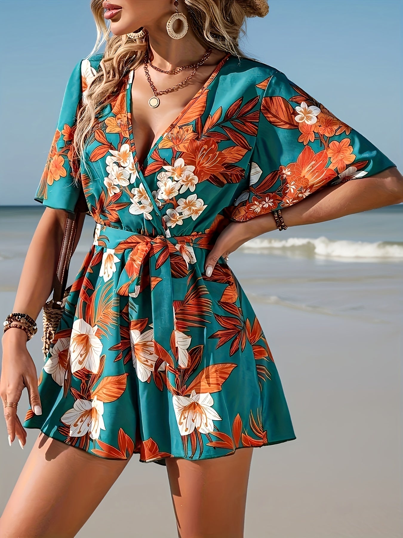 Women's Tropical Floral Belted Short Sleeve Romper