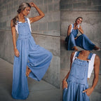 Damen Denim-Overall mit weitem Bein und verstellbarem Trägerdesign