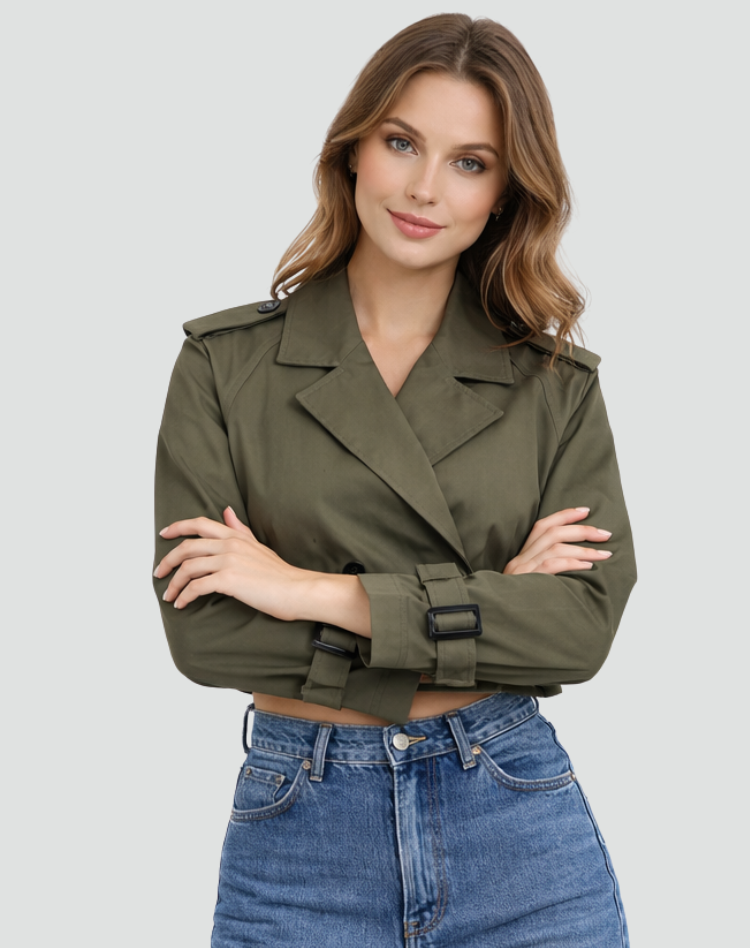 Women's Cropped Trench Jacket with Belted Waist and Tailored Fit