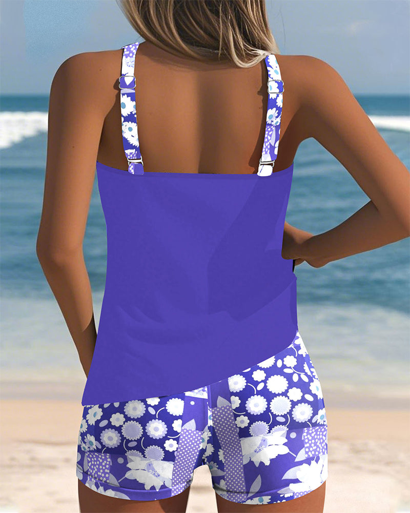 Women's Two-Piece Tankini Swim Set with Floral Print and Swim Shorts