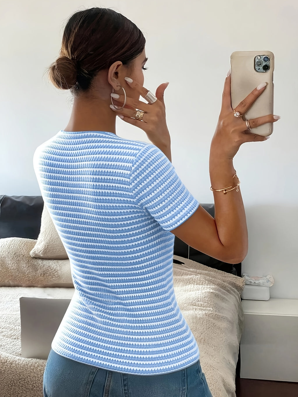 Women's Striped Button Front Short Sleeve Knit Top