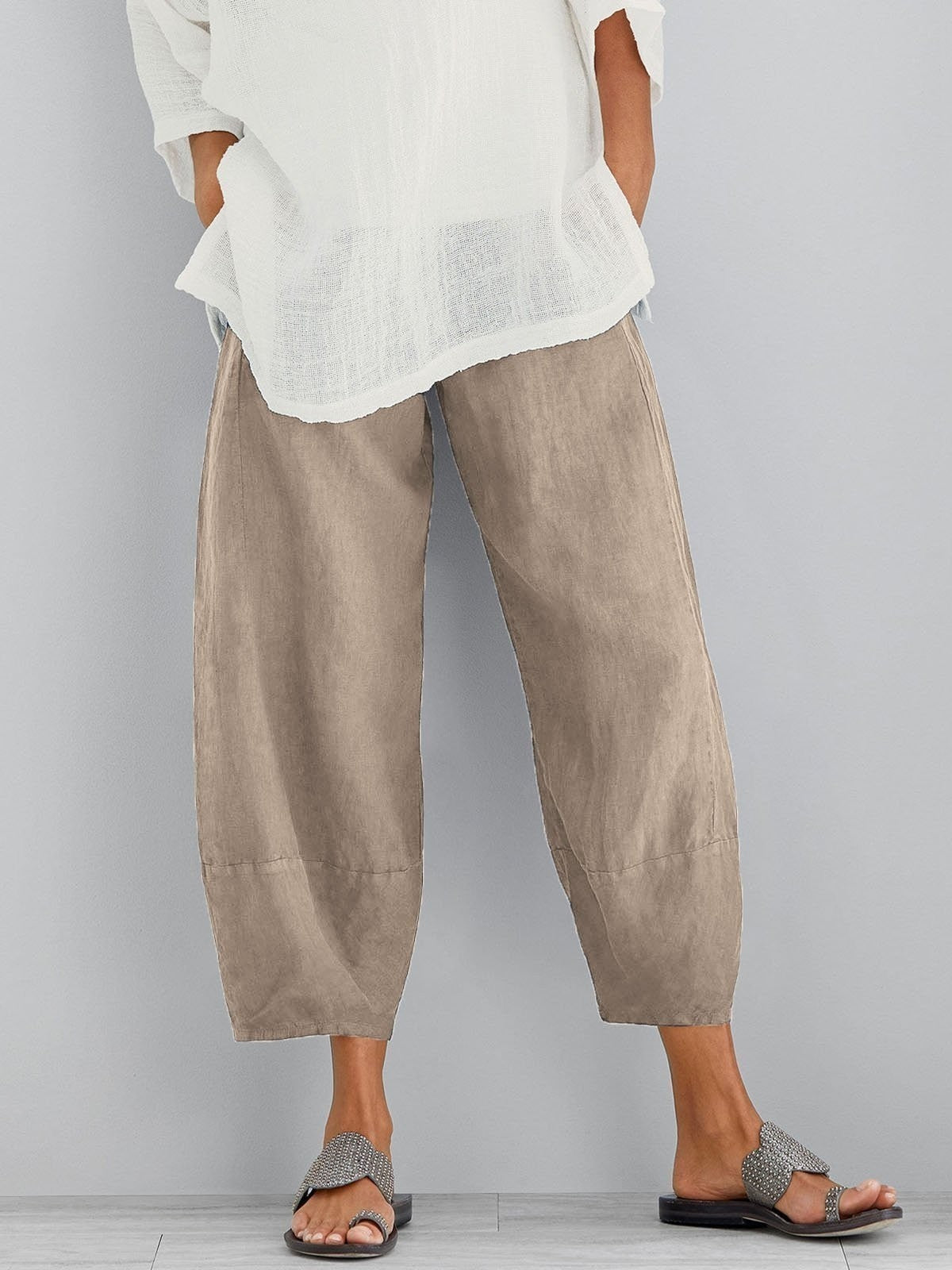Damen Cropped-Hose aus Baumwoll-Leinen mit elastischem Bund und Taschen