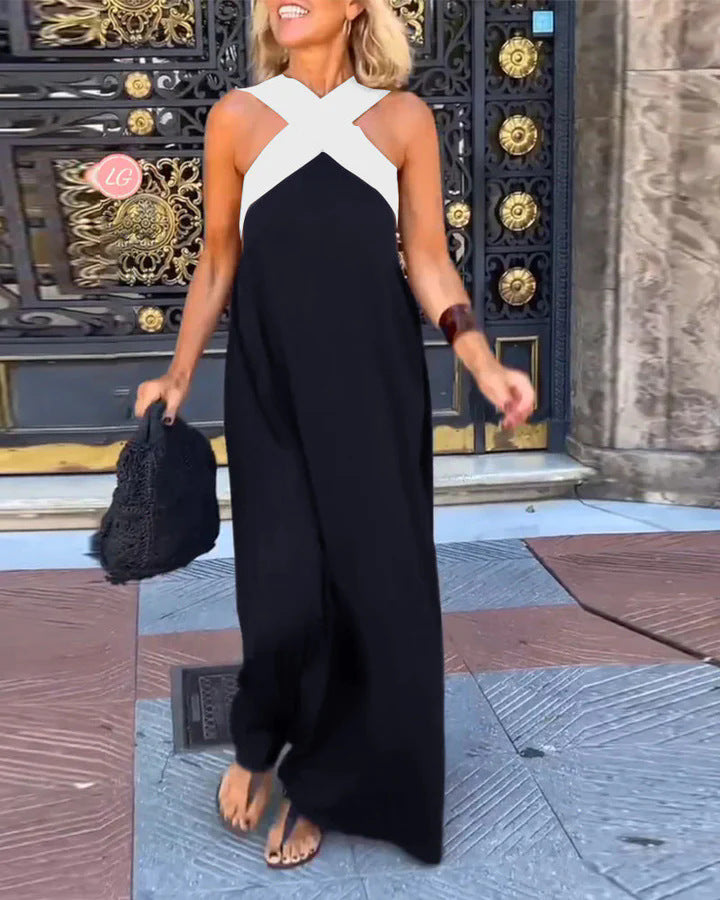 Women's Colorblock Halter Maxi Dress with Cross-Neck Detail