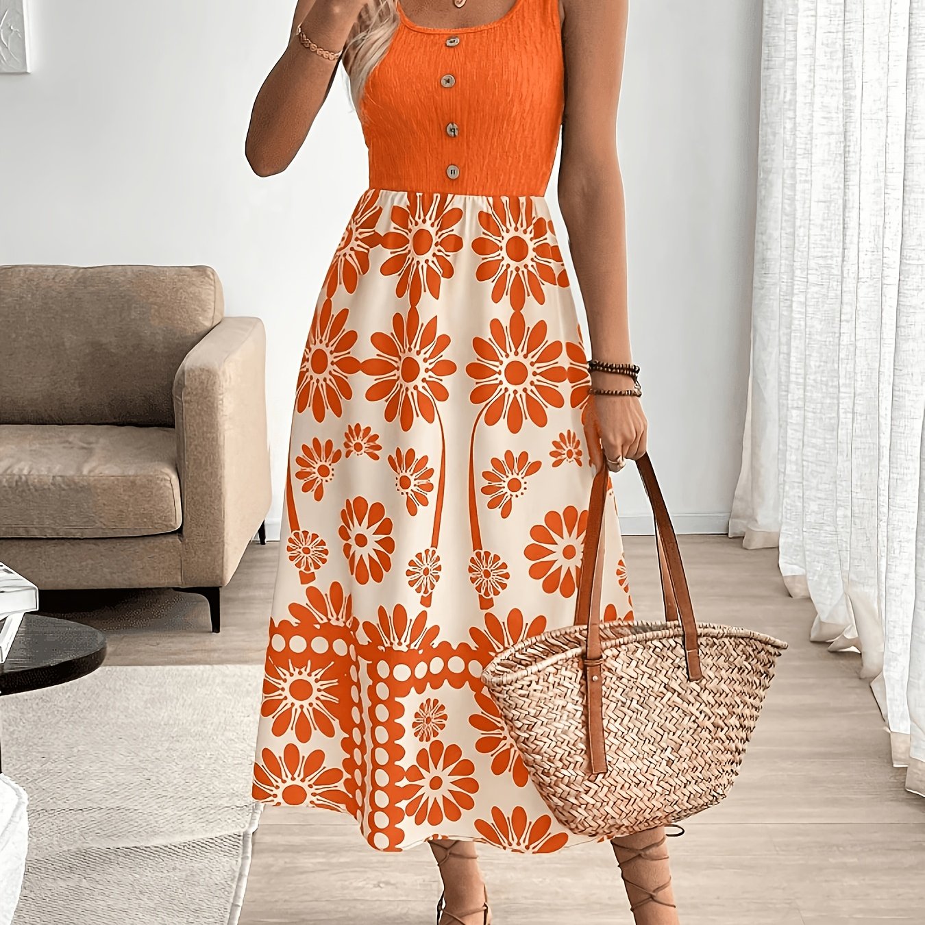 Women’s Retro Floral Midi Dress with Sleeveless Flowing Design
