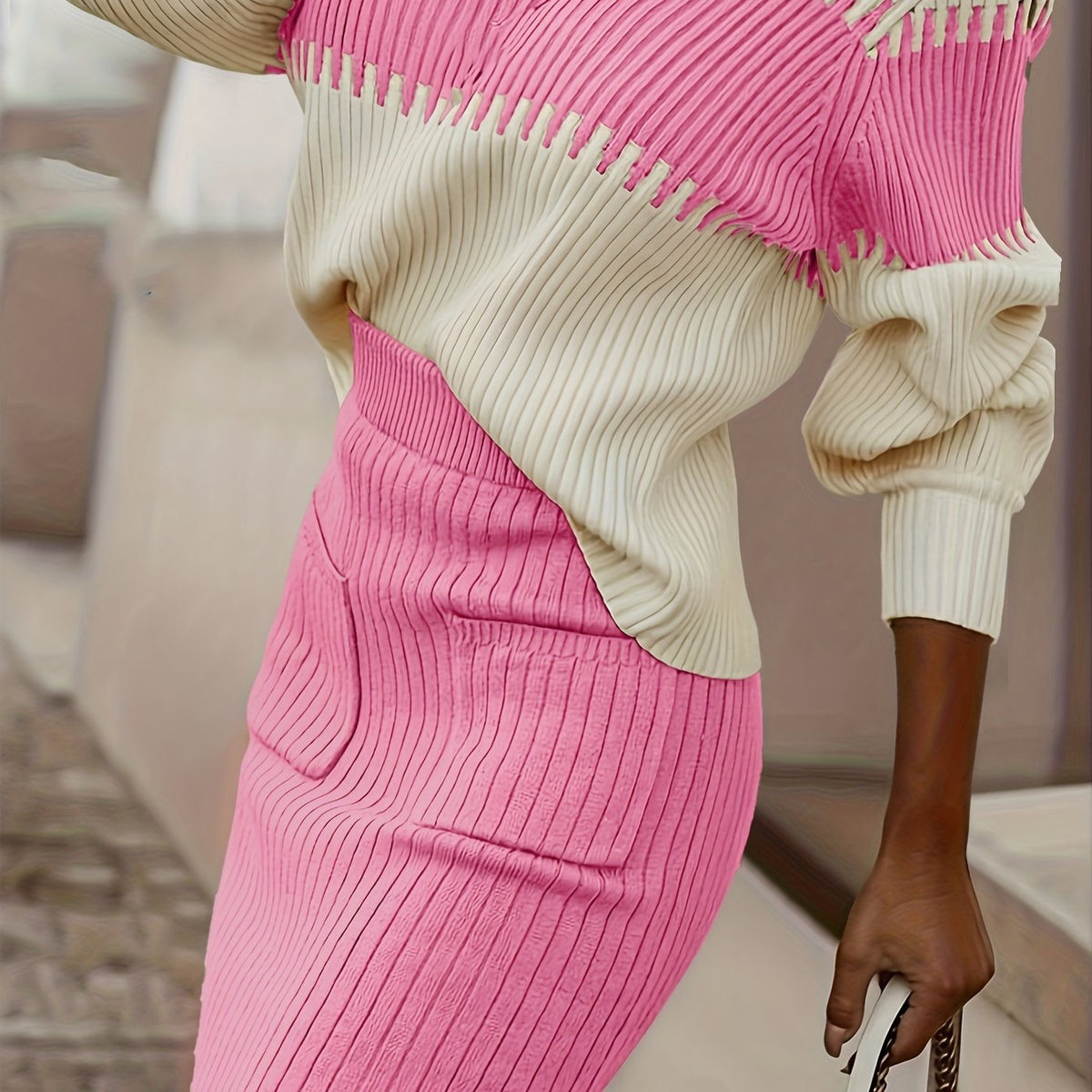Ensemble pull en maille côtelée et jupe midi pour femme