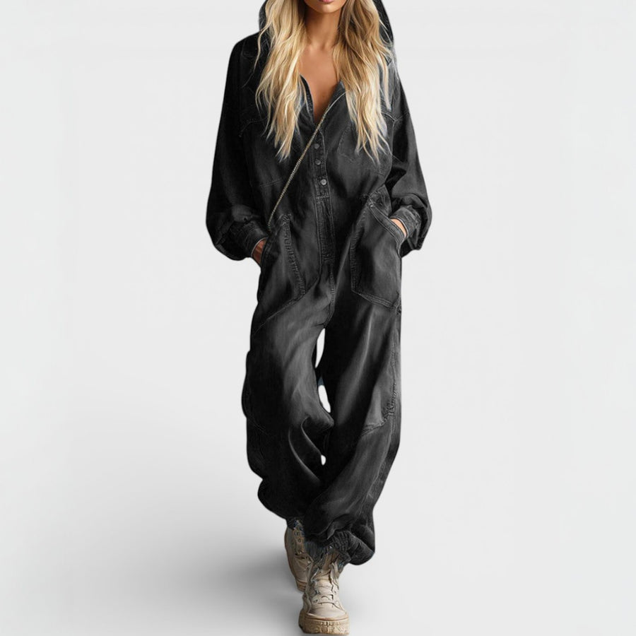Women’s Hooded Denim Utility Jumpsuit