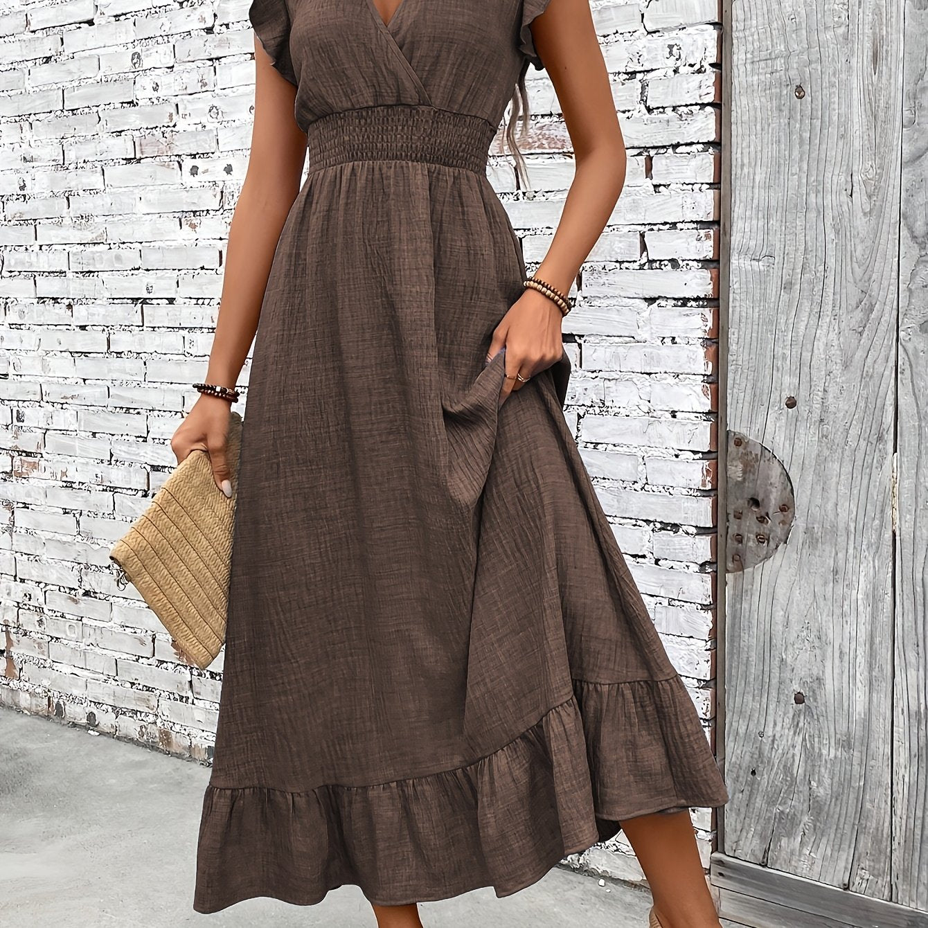 Women's Ruffle Sleeve V-Neck Smocked Waist Maxi Dress