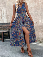 Women’s Bohemian Paisley Midi Dress with Flowing Split Design