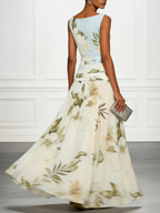 Maxikleid für Damen mit Blumenmuster, ärmellos, Bootsausschnitt und plissiertem Taillenbereich