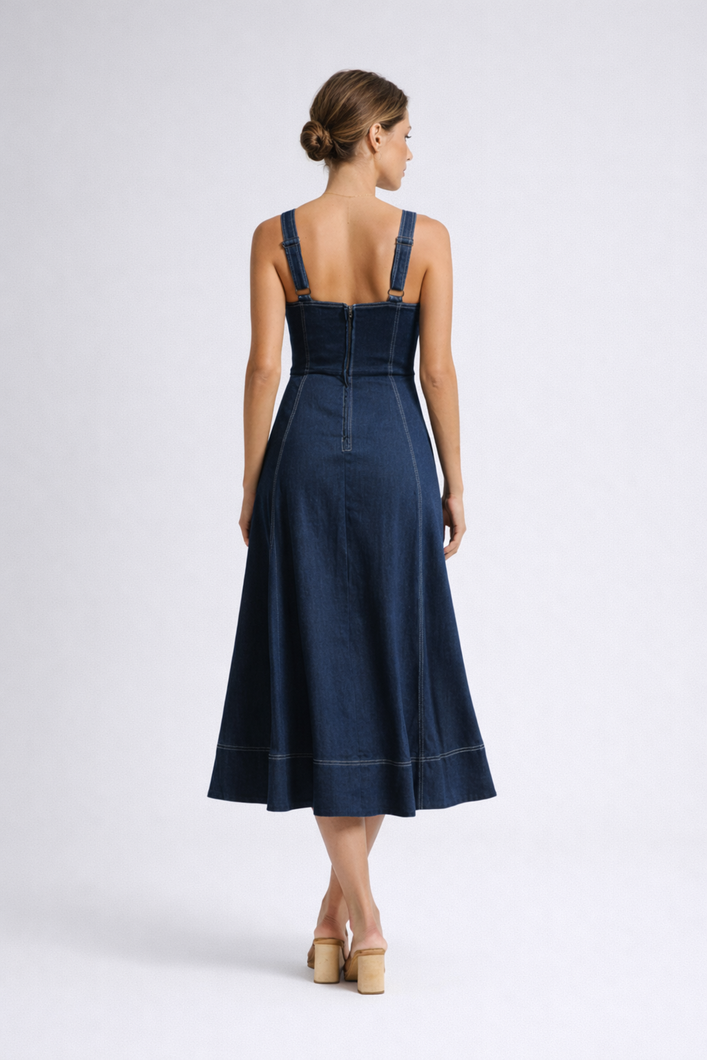 Women's Denim Midi Dress with Button Front and Flared Skirt