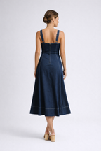 Women's Denim Midi Dress with Button Front and Flared Skirt