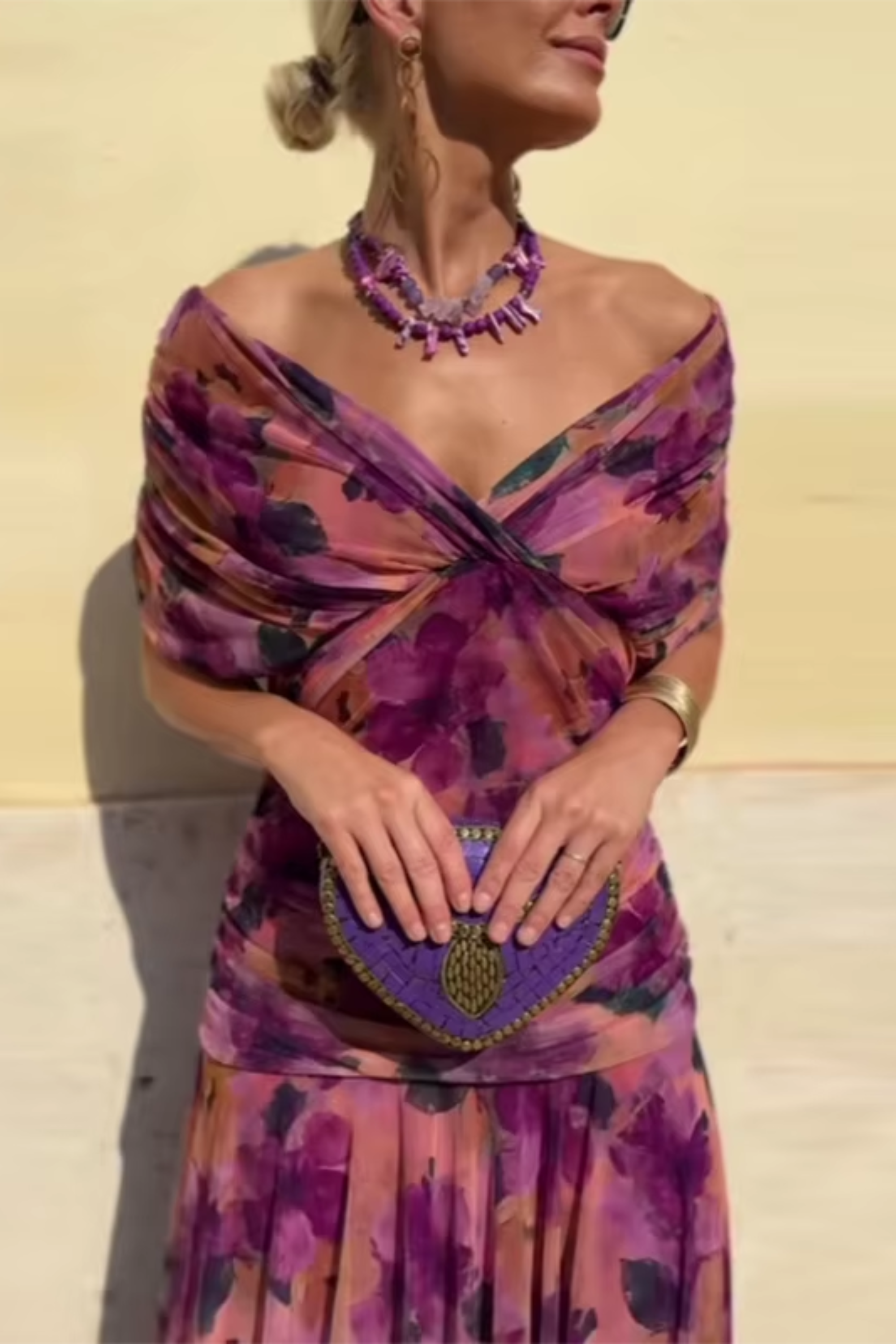 Women's Elegant Maxi Dress with V-Neck and Flowing Draped Sleeves