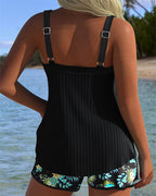 Women's Ribbed Tankini Swim Top and Tropical Print Shorts Set