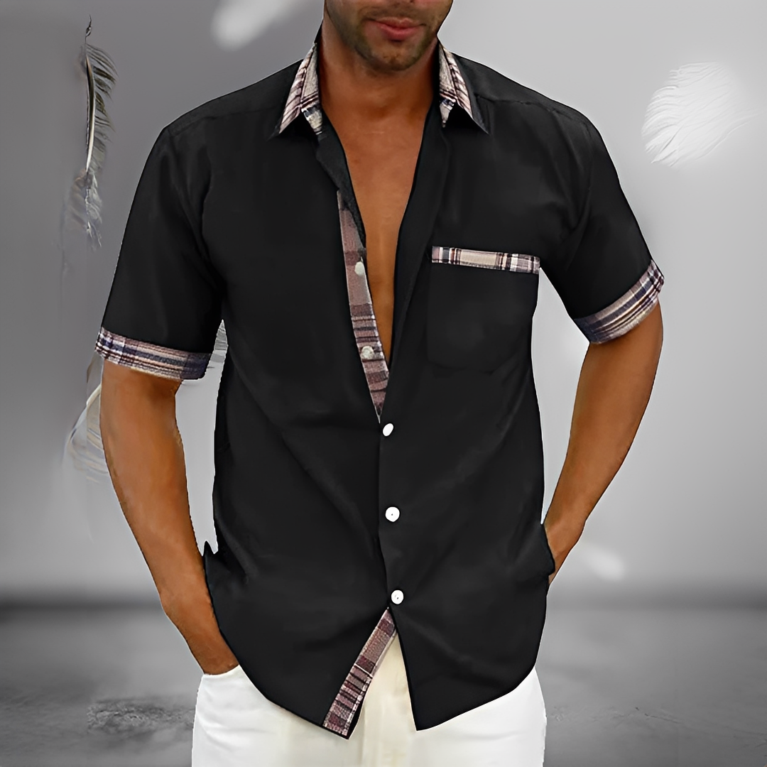 Chemise boutonnée manches courtes pour homme avec bordure contrastée et poche poitrine