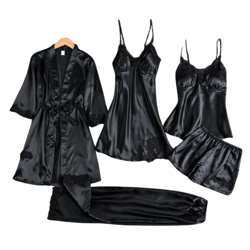 Women’s Satin Sleepwear Set with Elegant Lace Detail and Relaxed Fit