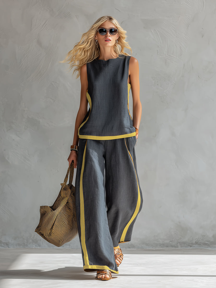 Women's Sleeveless Contrast Trim Top and Wide Leg Trouser Set