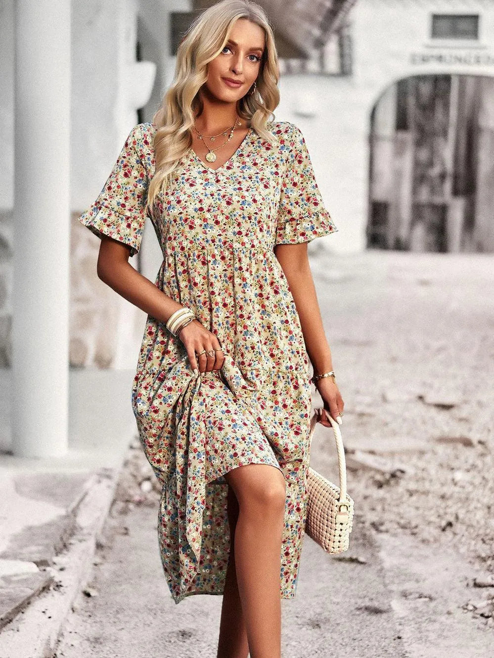 Florales Sommerkleid für Damen mit kurzen Ärmeln Lockerer Schnitt Alltagstil