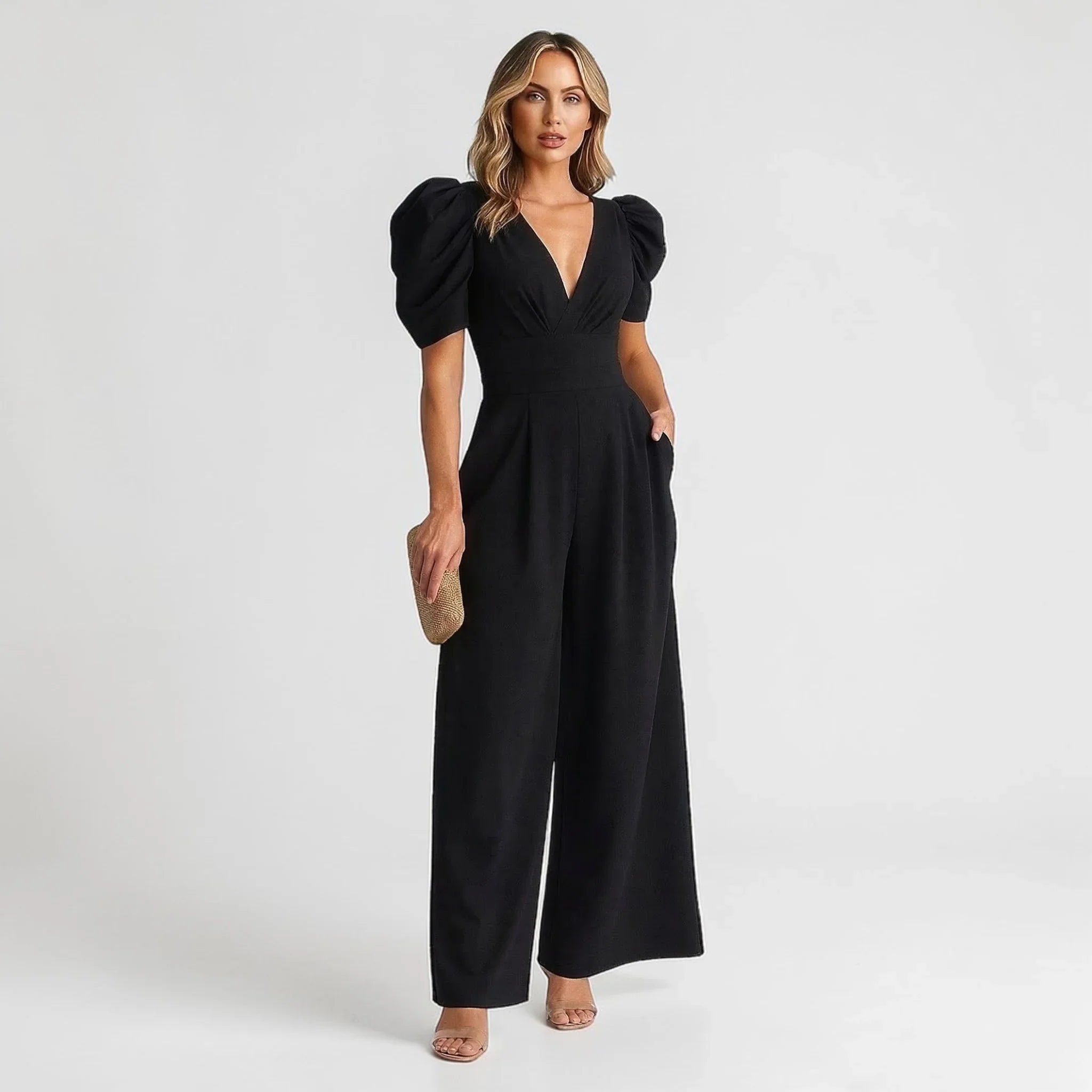 Women's Elegant Puff Sleeve Wide Leg Jumpsuit with Deep V-Neck, Defined Waist and Side Pockets